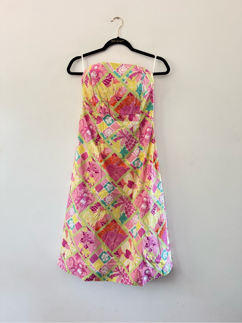 Lilly Pulitzer Vintage Strapless Patchwork Floral Print Dress Tie Back Pink